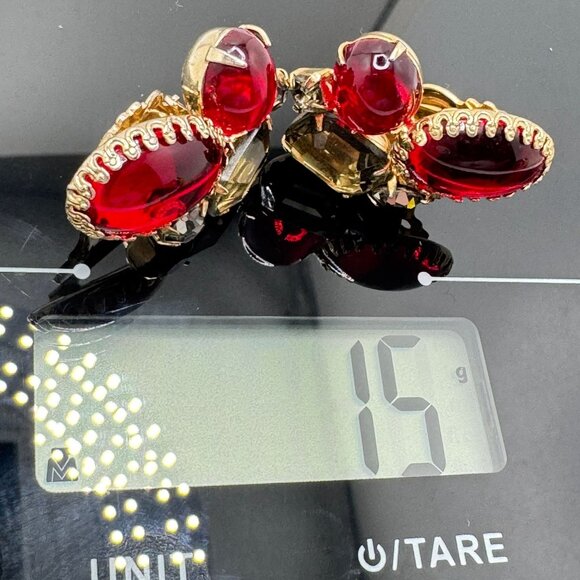 Regency Clip-On Earrings Ruby Red Glass Cabochons Oval Smoky Rhinestone Vintage - Picture 3 of 8